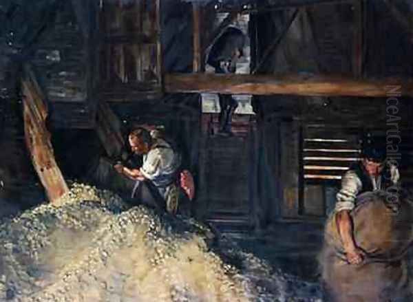 Workers Workmen Bagging Hops 1904 Oil Painting by Harold Oakley