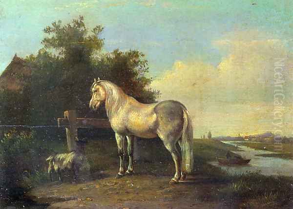 A Grey Horse and a Goat in a River Landscape Oil Painting by Pieter Frederik Van Os