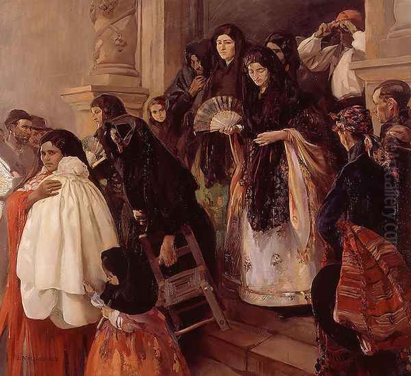 La salida de misa en Rocafort (The end of the mass in Rocafort) Oil Painting by Jose Benlliure Ortiz