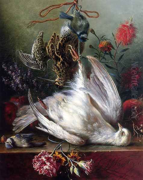 A Still Life With Birds, Carnations, Lilacs, Apples And A Pomegranate Oil Painting by George Jacobus Johannes Van Os