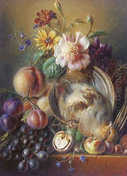 Partridge, prunes, peaches, grapes and flowers in a vase on a ledge Oil Painting by George Jacobus Johannes Van Os