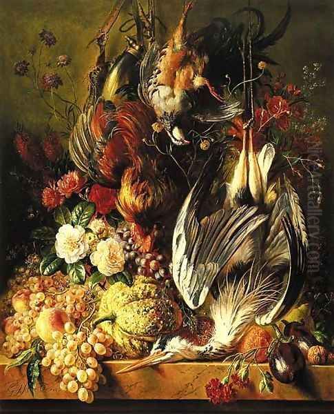 A still life of a heron, a cockerel, a partridge, grapes, a melon and flowers on a ledge Oil Painting by George Jacobus Johannes Van Os