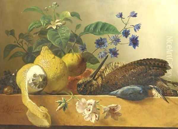 A snipe, a kingfisher, lemons and flowers on a ledge Oil Painting by George Jacobus Johannes Van Os