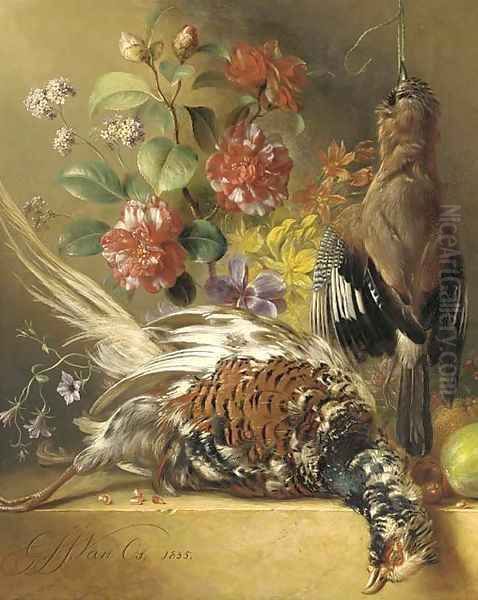 Dead game, morning glory, peonies, narcissi, roses and other flowers with fruit and nuts on a ledge Oil Painting by George Jacobus Johannes Van Os