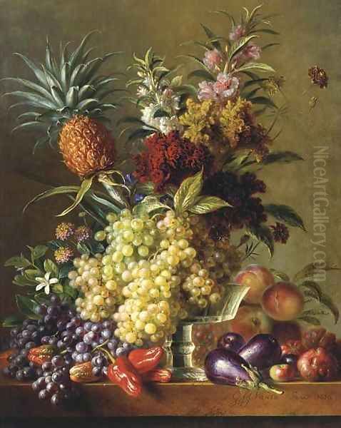 Fruits, vegetables and flowers on a ledge Oil Painting by George Jacobus Johannes Van Os