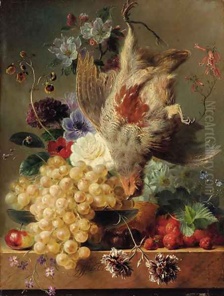 Grapes, strawberries, chestnuts, an apple and flowers with game on a marble ledge Oil Painting by George Jacobus Johannes Van Os