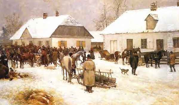 Market in a Small Town Oil Painting by Ryszard Okninski