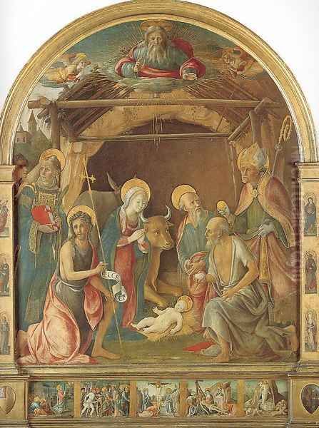 The Nativity with Four Saints 1490-95 Oil Painting by Pietro di Francesco degli Orioli