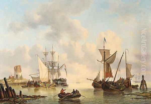 Sailing Vessels in a Calm Oil Painting by George Willem Opdenhoff