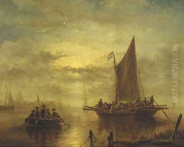 Moored sailingvessels in moonlight Oil Painting by George Willem Opdenhoff