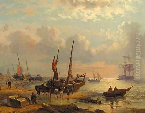 A coastal scene with sailingvessels and fishermen at work on a beach Oil Painting by George Willem Opdenhoff