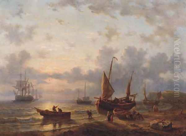 A French coastal scene with fishermen working at dusk Oil Painting by George Willem Opdenhoff