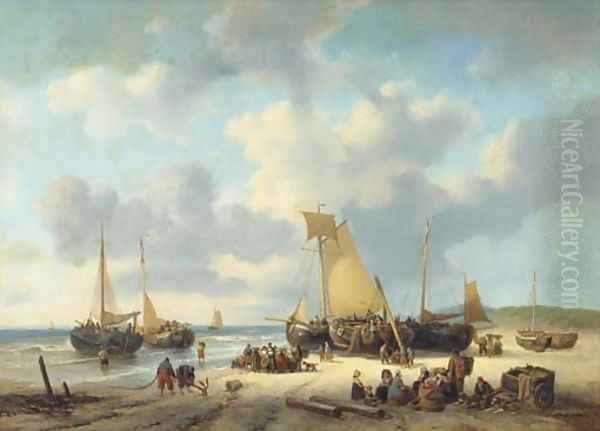 Daily activities on a sunlit beach Oil Painting by George Willem Opdenhoff