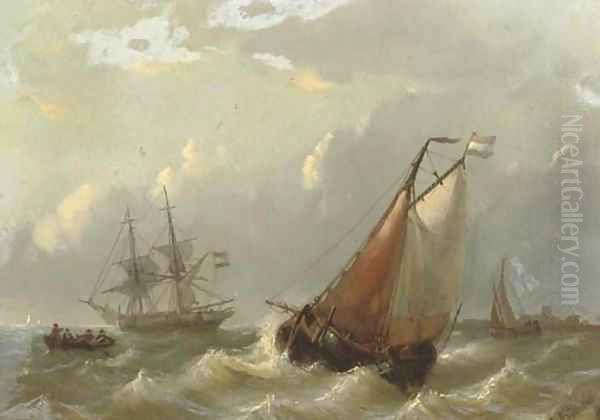 Dutch vessels on choppy waters by a coast 2 Oil Painting by George Willem Opdenhoff