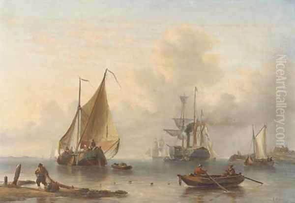 A calm a busy day near a coast Oil Painting by George Willem Opdenhoff