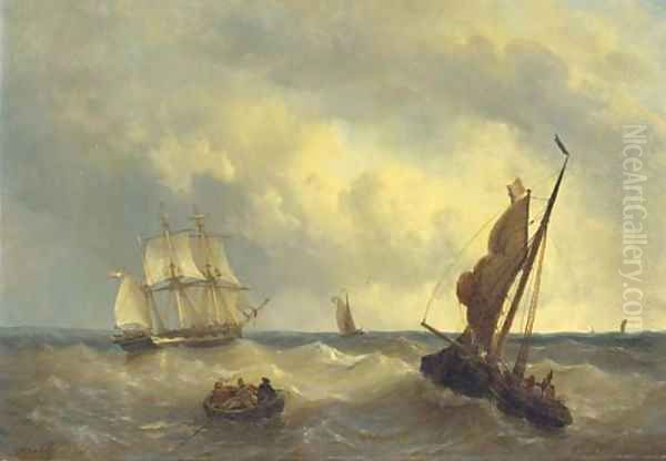 A three-master and other vessels on choppy water Oil Painting by George Willem Opdenhoff