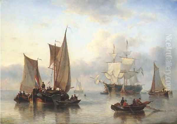 Bringing the catch on board Oil Painting by George Willem Opdenhoff