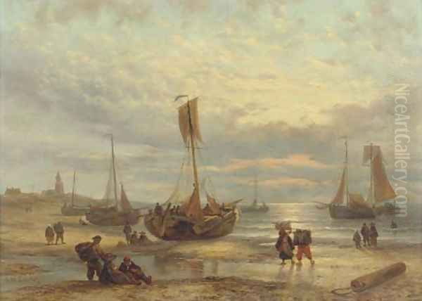 Fishing vessels on the beach at sunset, Scheveningen Oil Painting by George Willem Opdenhoff