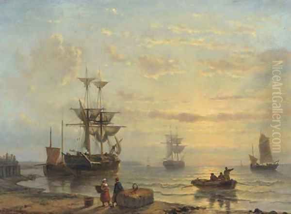 Shipping in a quiet bay at sunset Oil Painting by George Willem Opdenhoff