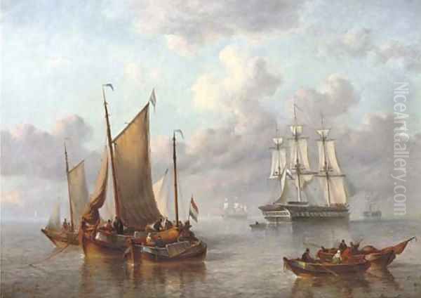 Shipping on a calm sea Oil Painting by George Willem Opdenhoff