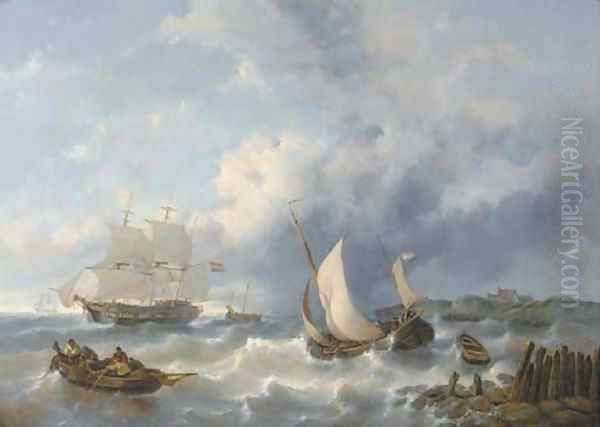 Shipping on choppy waters Oil Painting by George Willem Opdenhoff