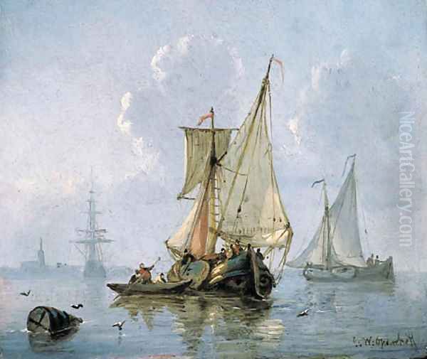 Shipping in a calm sea Oil Painting by George Willem Opdenhoff