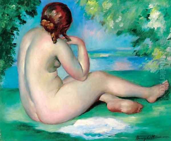 A female nude in a landscape Oil Painting by Henri Ottmann