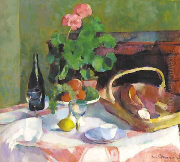 Un geranium en pot avec des fruits, du pain et une bouteille de vin sur la table Oil Painting by Henri Ottmann