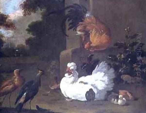 A Ruft a Lapwing and chickens by a mounting block Oil Painting by Adriaen van Oolen