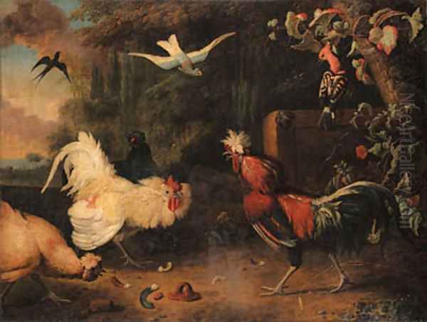 Two cocks fighting, with hens, a swallow and two exotic birds in a wooded landscape Oil Painting by Adriaen van Oolen