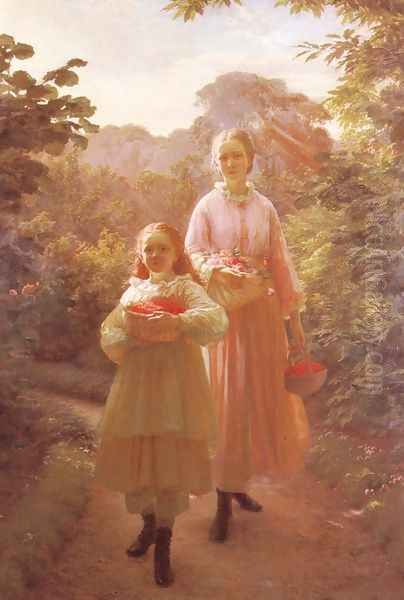 Sisters Gathering Raspberries And Roses, Summer Oil Painting by Ole Henrik Olrik