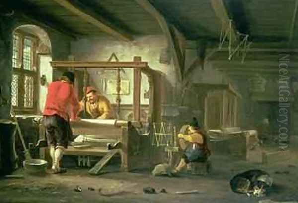 A Weavers Workshop Oil Painting by Johannes Dircksz van Oudenrogge