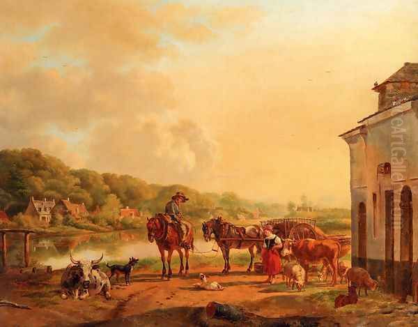 A Sunlit River Landscape With Peasants Conversing By A Barn Oil Painting by Pieter Gerardus Van Os