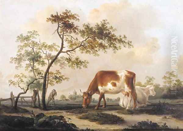 Cows on a farmyard with a village in the distance, in summer Oil Painting by Pieter Gerardus Van Os