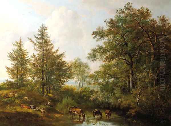 A shepherdess and cattle resting by a wooded pond by Pieter Gerardus Van Os