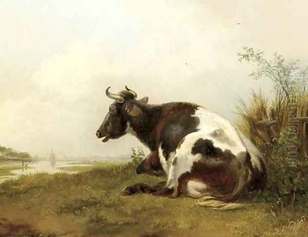 A cow resting in a meadow Oil Painting by Pieter Gerardus Van Os