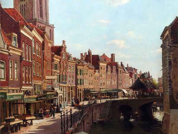 Townsfolk Shopping Along The Oude Gracht, Utrecht Oil Painting by Willem Johannes Oppenoorth