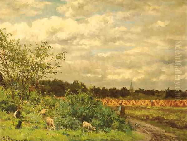 A shepherd and sheep on a country lane by a cornfield Oil Painting by Willem Johannes Oppenoorth