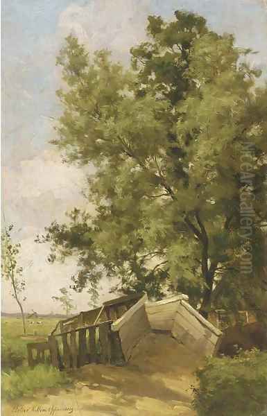 A bridge in a polder landscape Oil Painting by Willem Johannes Oppenoorth