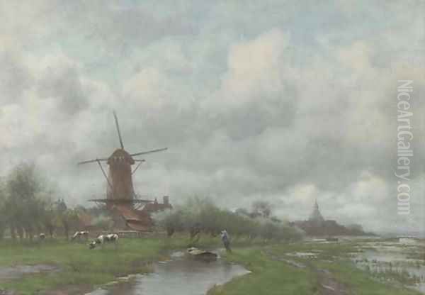 A polder landscape, a village in the distance Oil Painting by Willem Johannes Oppenoorth