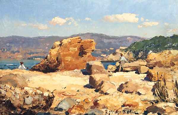 Pecheurs sur des Rochers, Pres de Marseille Oil Painting by Jean-Baptiste Olive