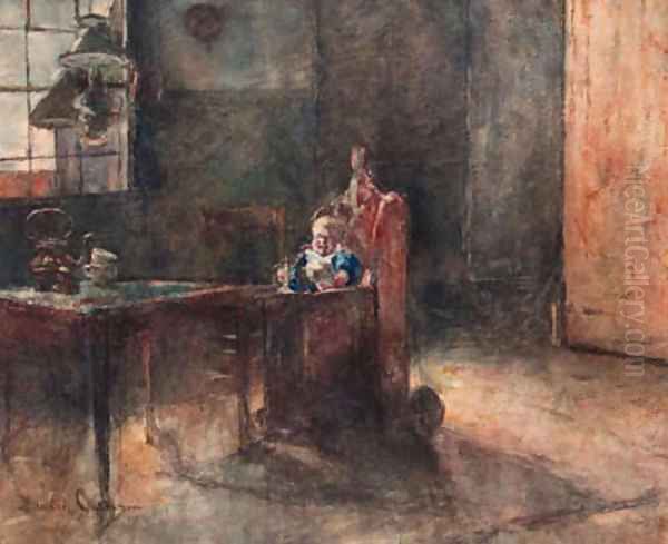 An interior with a child in a baby-chair Oil Painting by David Oyens