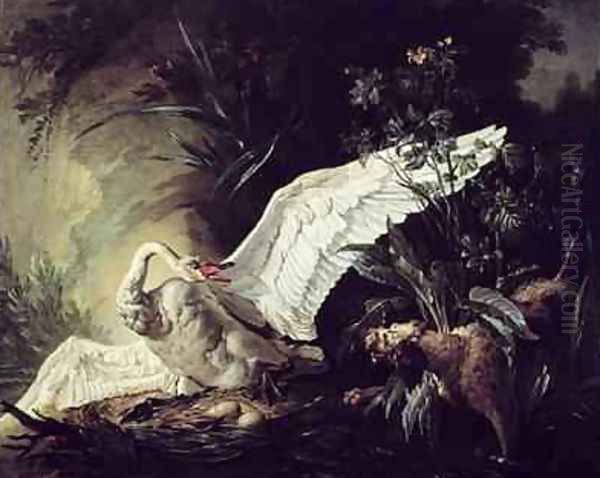 A Water Spaniel Attacking a Swan on its Nest, 1740 Oil Painting by Jacques Charles Oudry