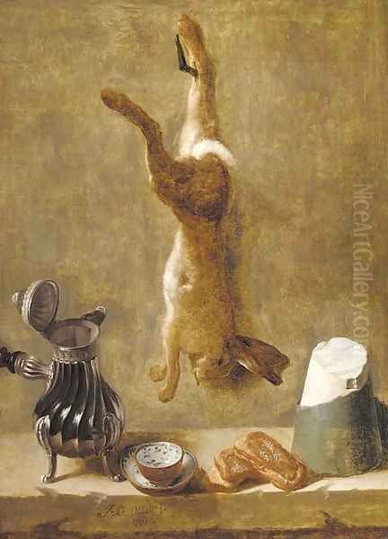 A dead hare hanging from a nail with coffee pot Oil Painting by Jacques Charles Oudry