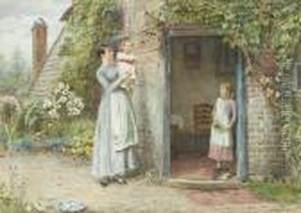 Mother And Children Outside A Cottagedoor Oil Painting by George Goodwin Kilburne