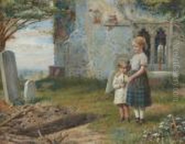 Girls In A Church Yard Oil Painting by George Goodwin Kilburne