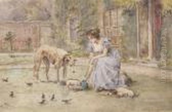 A Lady With Her Dogs On A Lawn Oil Painting by George Goodwin Kilburne