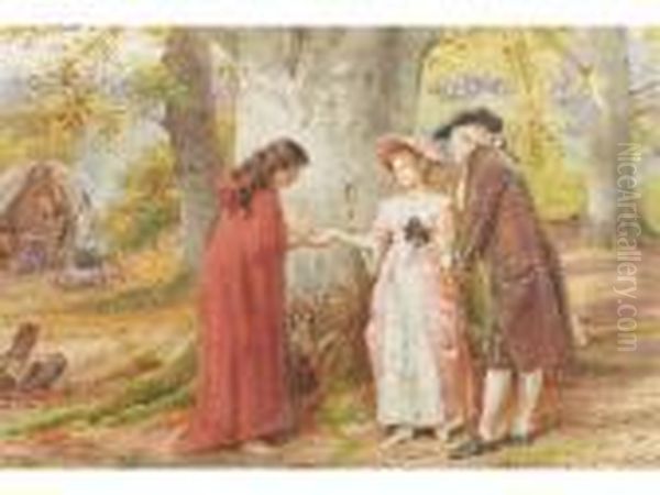 The Gypsy Fortune Teller With Elegant Couple In A Beechwood Oil Painting by George Goodwin Kilburne