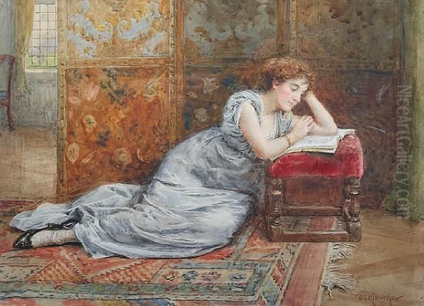 'the Thick Of The Plot', An Elegant Ladyreading Oil Painting by George Goodwin Kilburne