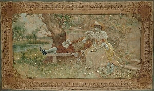 An Elegant Couple Reclining Beside A River Oil Painting by George Goodwin Kilburne